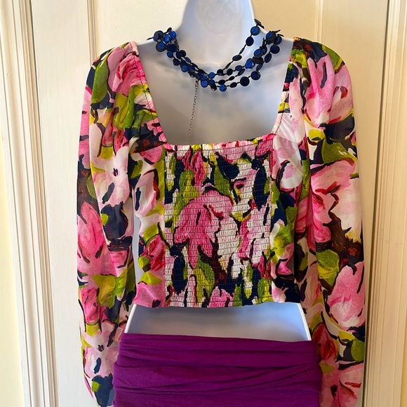 Abercrombie & Fitch Top Sweetheart Neckline Long Sleeves Pink Floral Small Crop - Picture 5 of 17